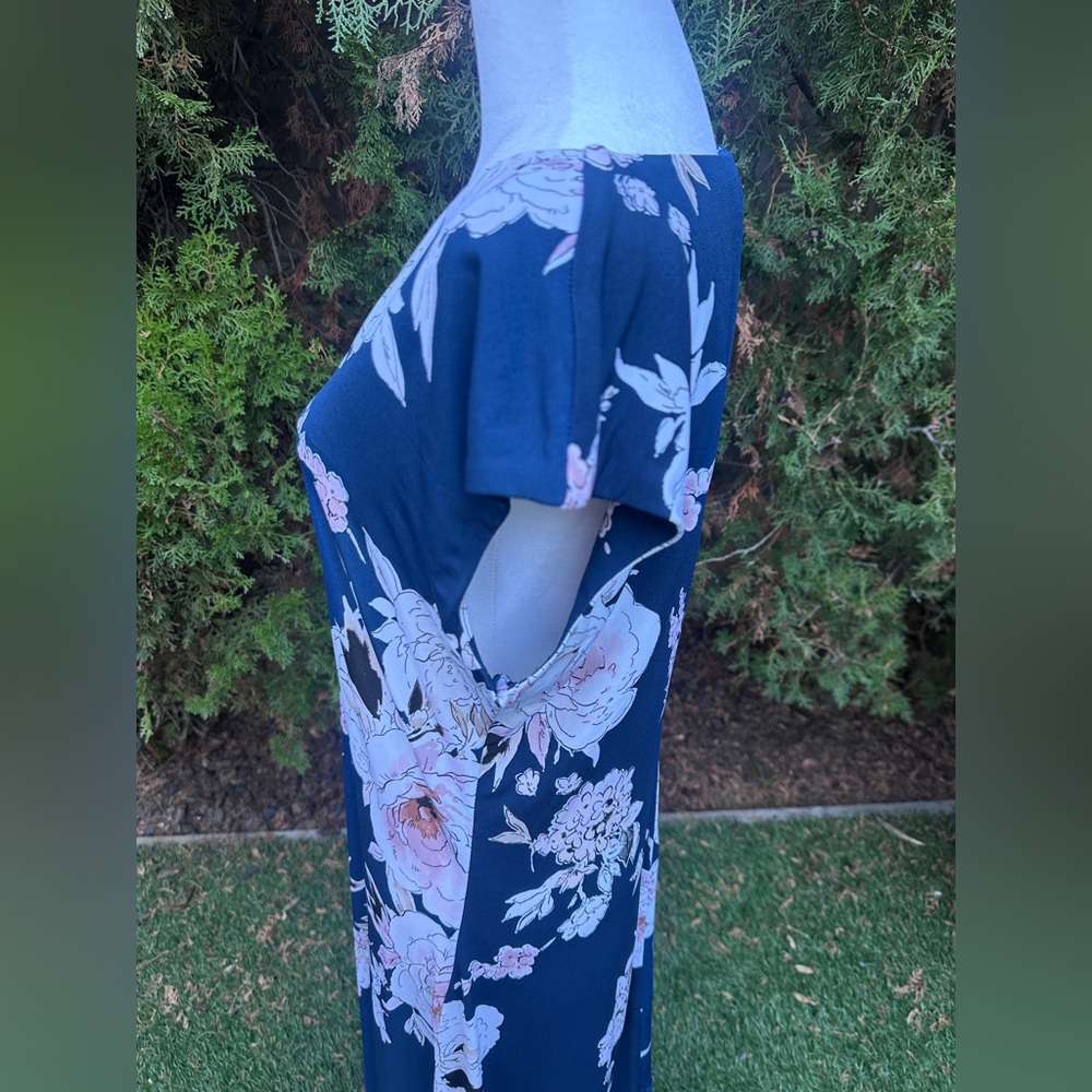Women’s Luxology Floral Blue Midi Dress with Sheer Sharkbite Hem size 12 - Picture 4 of 9